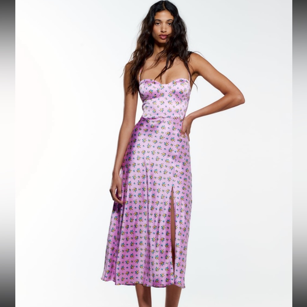 Zara Floral Satin Midi Dress with Lace Up Back NWOT Size XL